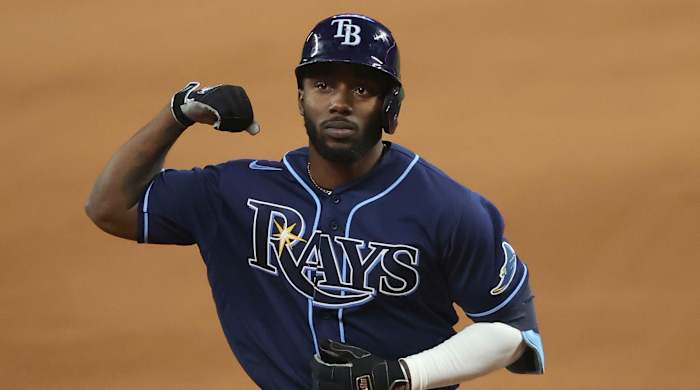 Tampa Bay Rays designated hitter Randy Arozarena (56) runs the bases after hitting a home run against the Los Angeles Dodgers during the fourth inning of game four of the 2020 World Series at Globe Li.fe Park